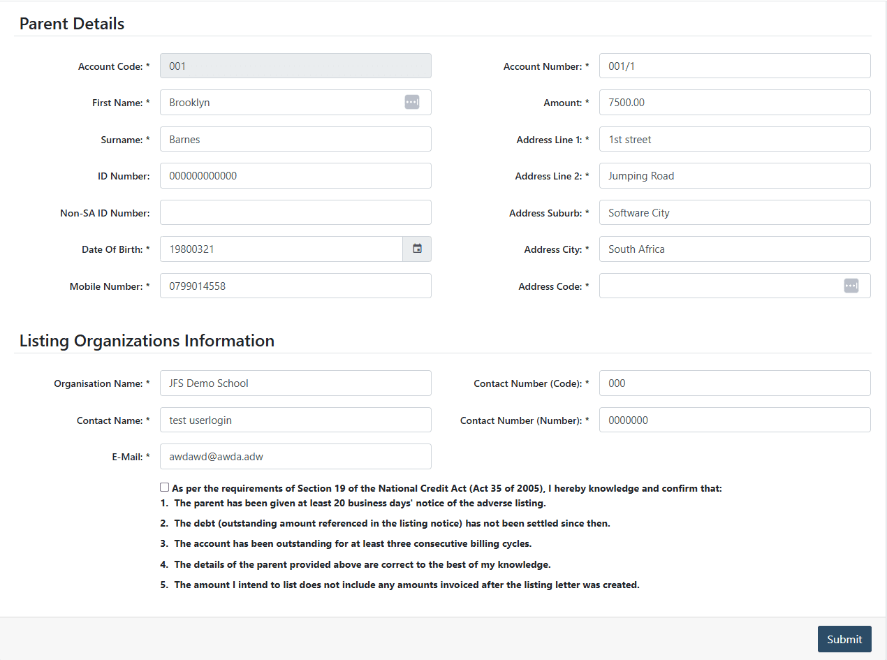 Credit bureau listing screen with TransUnion, Experian and VCCB options