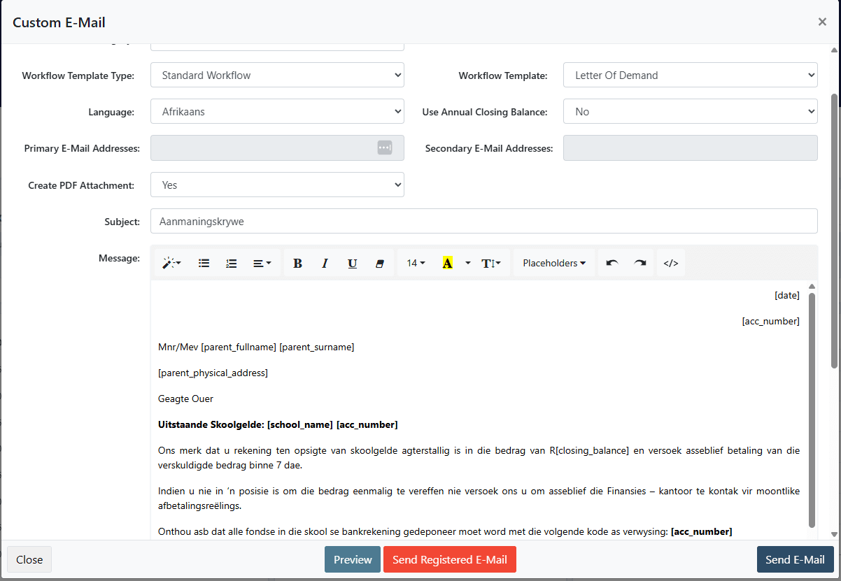 Multi-channel communication panel showing SMS, email, and WhatsApp templates