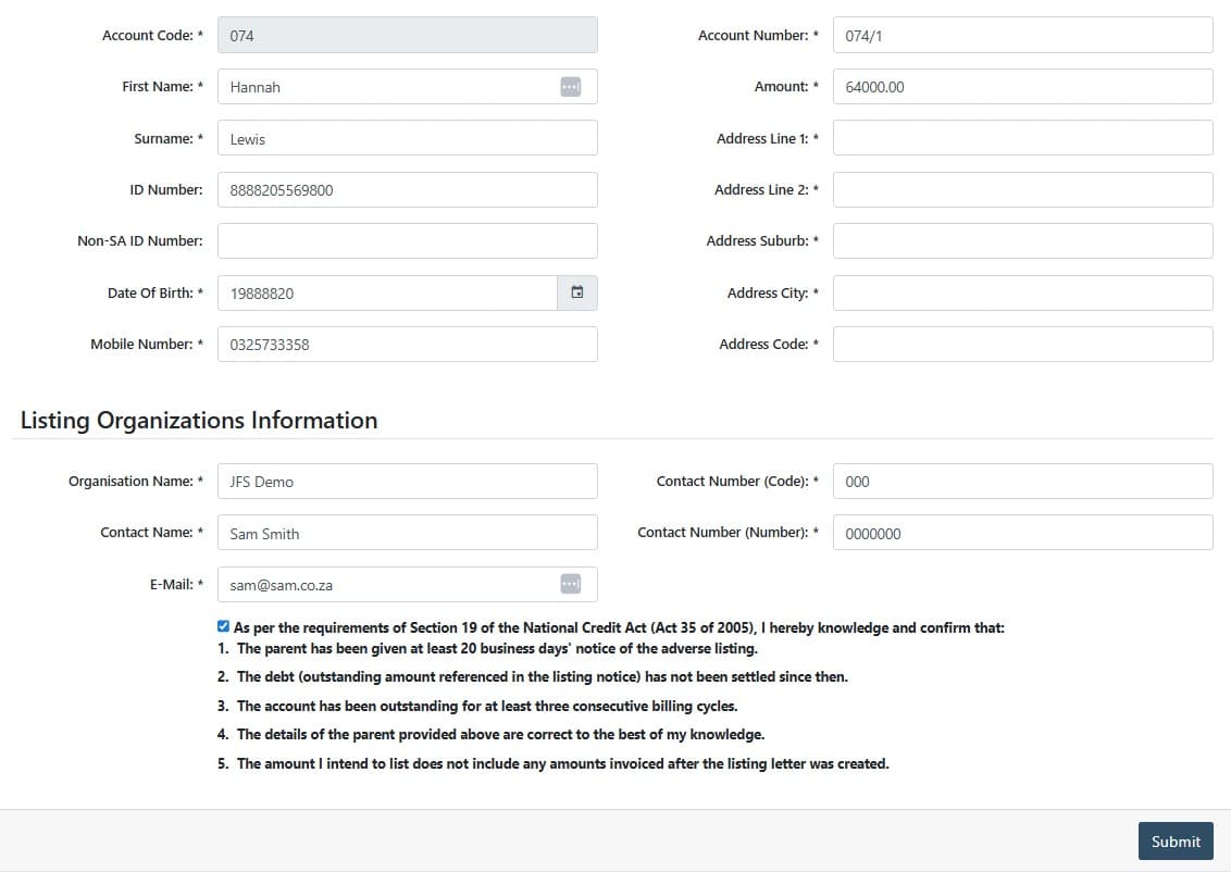 Credit bureau listing screen with TransUnion, Experian and VCCB options