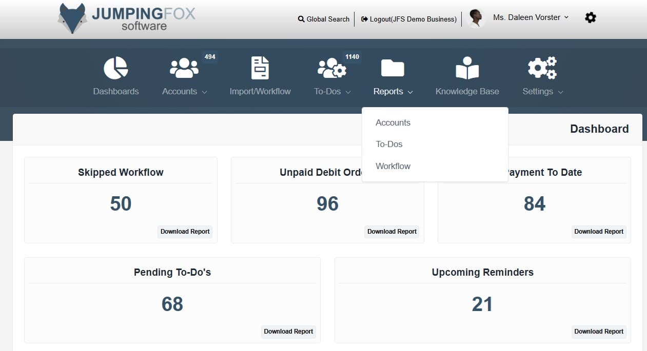 Collection reports dashboard with arrears, statuses and recovery progress